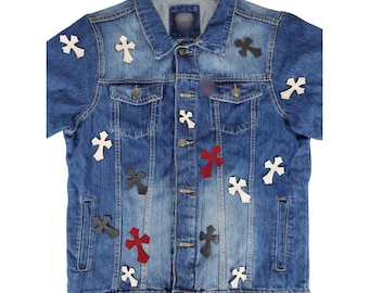 Cowhide Leather Cross Patches: Black, White & Pink Applique (25 psc)