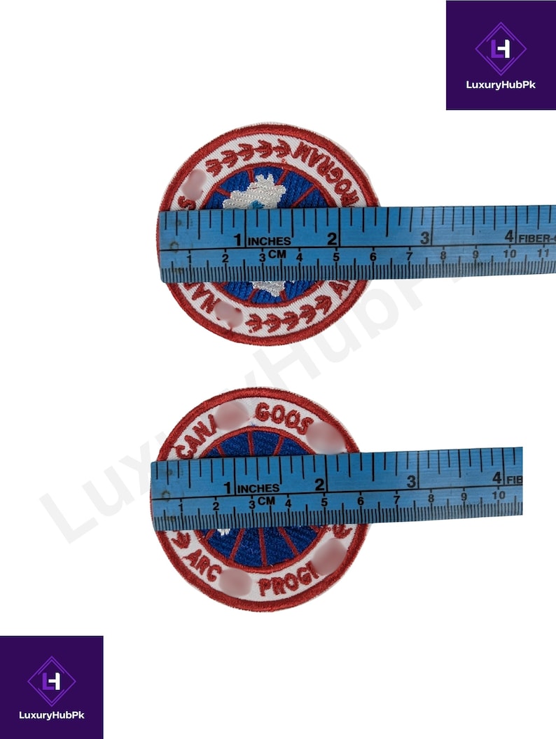 May include: Two round embroidered patches with red, white, and blue details. Each patch is approximately 2 inches (5 cm) in diameter. One patch reads "NA PROGRA" and the other reads "CAN GOOS ARC PROGI".