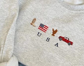 USA Embroidered Crewneck Sweatshirt, 4th of July Shirt, Western Cowboy Apparel, Patriotic America Gift