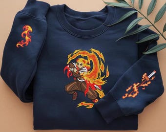 Flame Breathing Embroidered Hoodie, Anime Sweatshirt, Fire Style Shirt, Otaku Gift
