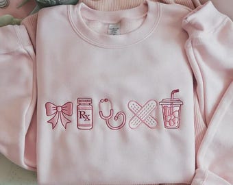 Embroidered Nurse Sweatshirt, CNA Medical Gift, Pastel Coquette Style