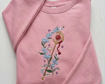 Bluza z kapturem i haftowanym motywem anime, z niebieskim kwiatowym wzorem różdżki, prezent dla miłośnika fantasy