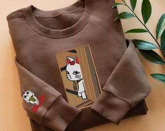Embroidered Maneki Neko Cat Sweatshirt, Anime Inspired Japanese Lucky Cat Apparel