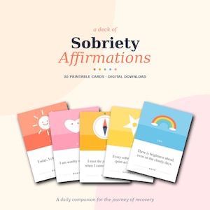 Utskrivbara nykterhetskort, 30 återhämtningsaffirmationer PDF, dagliga mindfulnesskort, nykterhetsresa, digital nedladdning