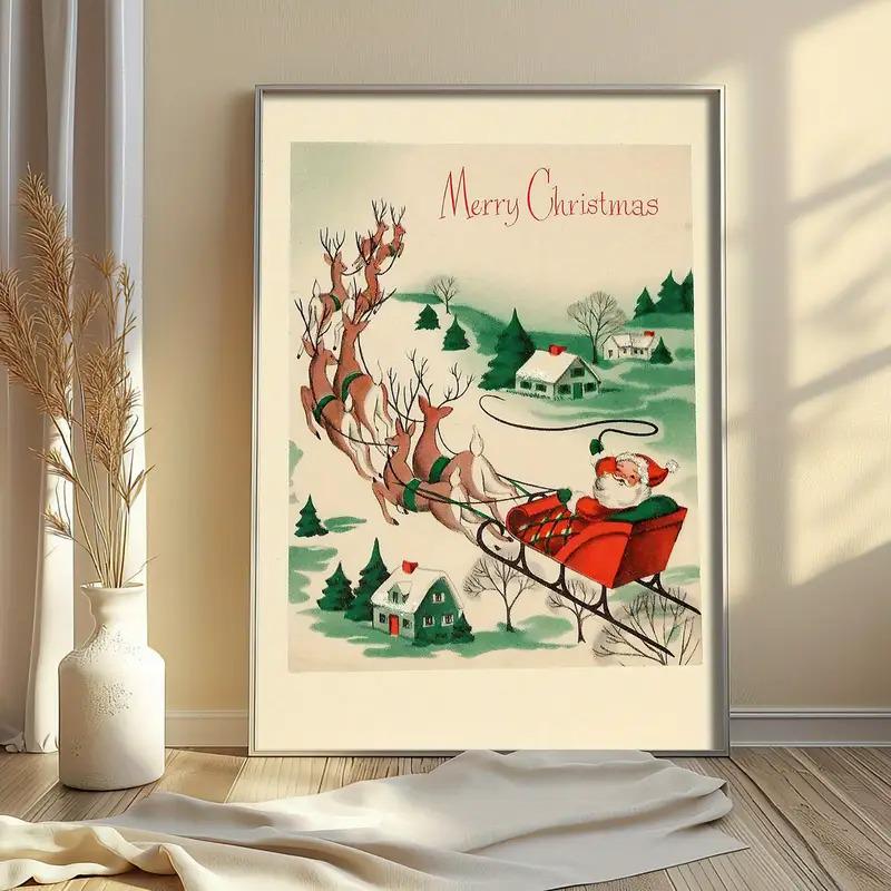 Discover Vintage Christmas Poster - Santa Claus & Deer Sleigh Ride with Snowy Village Scene