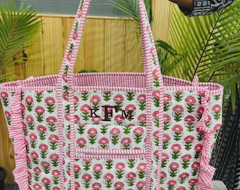 Pink Floral Printed Handmade Cotton Quilted Tote Bag - Indian Bohemian Ruffle Frill Travel Carryall Tote Bags, Wedding Favor Gift Tote Bag