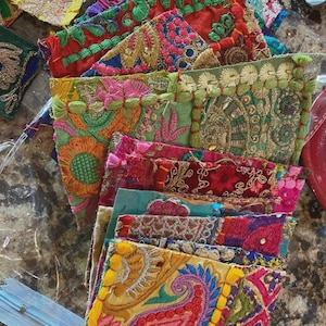 Vintage Kantha Patchwork Swatches, Hand-Embroidered Indian Sari Fabric Scraps, Bohemian Textile Art Supplies, Colorful Sequined Applique Set