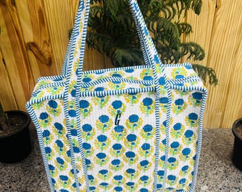 Block Print Quilted Tote Bag, Cotton Zipper Tote, Floral Shoulder Bag, Handmade Indian Bag, Everyday Travel Tote, Gift for Her
