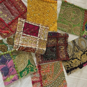 Indian Patchwork Scrap Fabric, Vintage Sari Embroidery Pieces, Multi-Colored Bohemian Textile Bundle, Hand-Stitched Fabric Remnants