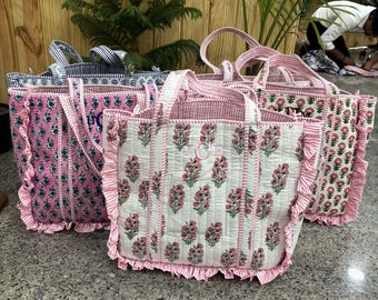 Hand Block Print Quilted Cotton Ruffle Tote Bag - Boho Shoulder Shopper Frill Tote Bag, Wedding & Party Tote Bag, Personalize Name Gift Bag.