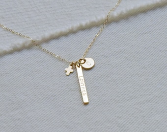 Dainty Vertical Name Bar, Cross Necklace, Initial Disc, Faith Gift, Personalized Necklace, Confirmation Gift, CVennell