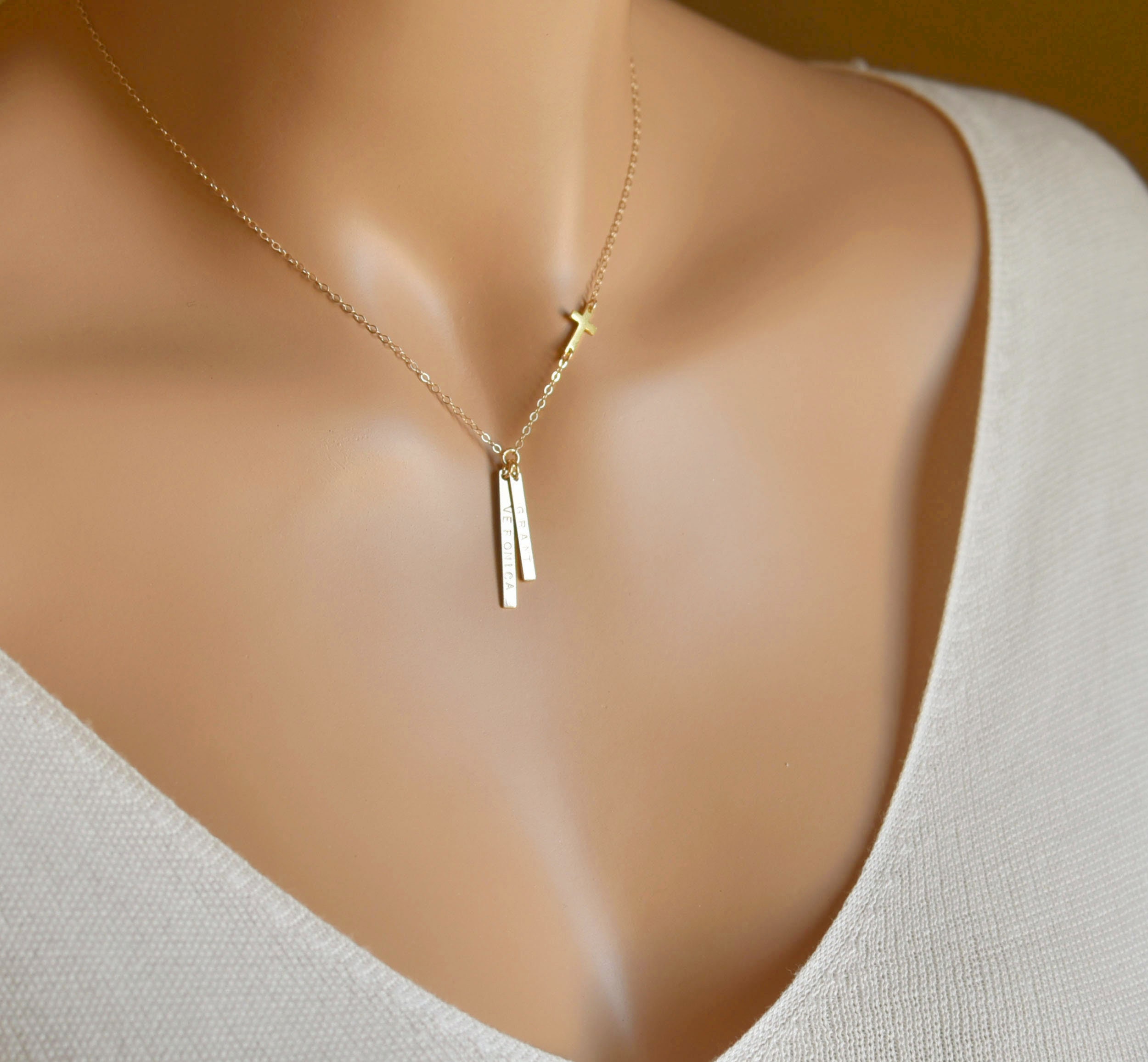 Dainty Personalized Vertical Bar Necklace, Cross Necklace, Custom Pendant Name Bar, Catholic Gift, Unique Necklace, Confirmation Gift