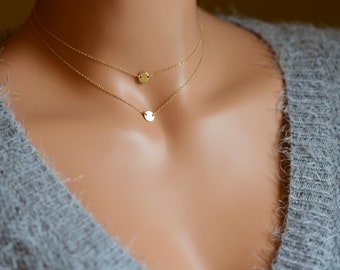 Initial Disk Necklace Set, 2 Dainty Layered Necklaces, Personalized Initial Disks, Customized Mothers Necklace. Gold. Silver. Rose Gold