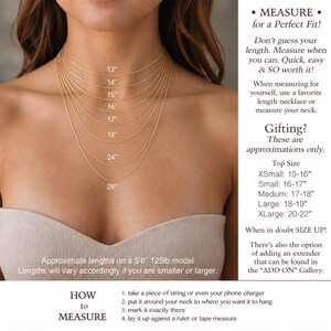 Puede incluir: Un collar de cadena en tono dorado mostrado en varias longitudes de 13 a 28 pulgadas en un cuello. El texto incluye MEASURE for a Perfect Fit, aproximaciones para regalos e instrucciones sobre c&oacute;mo medir usando cuerda o un cargador.