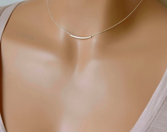 Curved Tube Bar Necklace, Simple Everyday Jewelry, Dainty Bar Choker, Layering Necklace, Gift for Her, Gold, Silver or Rose Gold