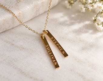 Dainty Personalized Bar Necklace, Hand Stamped Vertical Bar, Minimalist Jewelry in 14k Gold Fill, Sterling Silver, Rose Gold by CVennell