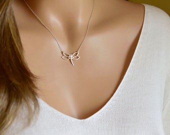 Unique Open Work Dragonfly Necklace in Sterling Silver, Karma Necklace