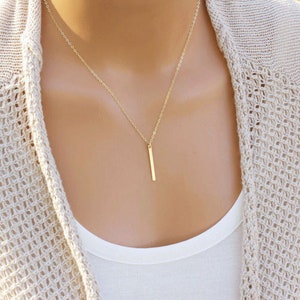 Sleek Vertical Bar Pendant Necklace, Dainty Skinny Bar, Minimalist Layering Necklace, Gold, Silver, Rose Gold image 3