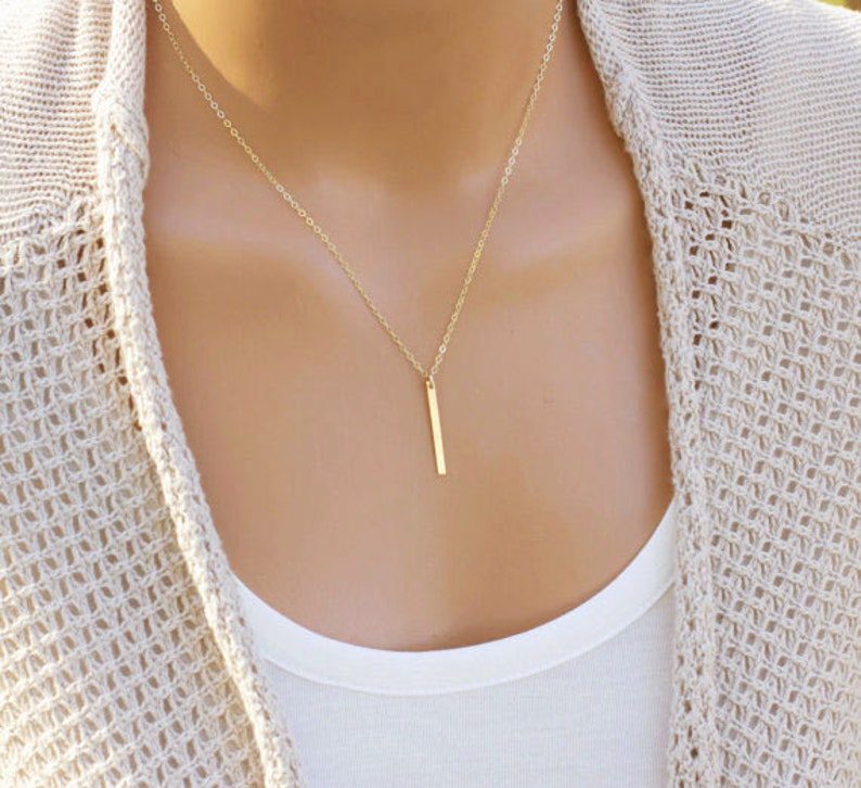 Sleek Vertical Bar Pendant Necklace, Dainty Skinny Bar, Minimalist Layering Necklace, Gold, Silver, Rose Gold image 3