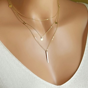 Minimalist Layered Necklaces, Set of 3, Simple Chain Necklace, Disc Necklace, Dainty Bar Necklace, Gift for Her, Silver, Gold or Rose Gold