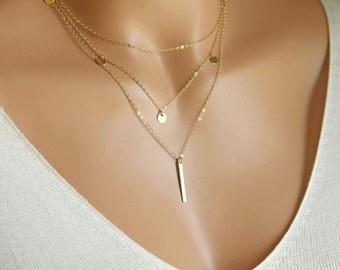 Collares minimalistas en capas, juego de 3, collar de cadena simple, collar de disco, collar de barra delicada, regalo para ella, plata, oro u oro rosa