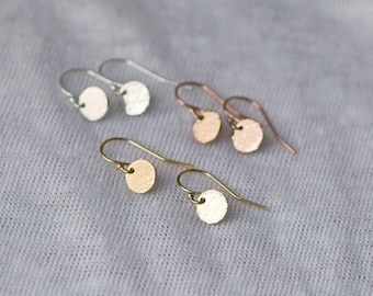 Dainty Round Disk Earrings, Everyday Minimalist Earrings, Tiny Gold Dangle Earrings, Gift for Women, Silver, Gold or Rose Gold