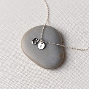 Puede incluir: Un delicado collar de cadena en tono plateado con dos peque&ntilde;os dijes: un colgante de herradura en miniatura y un disco circular grabado con la letra min&uacute;scula g. El collar est&aacute; hecho de finos eslabones met&aacute;licos.