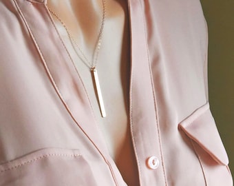 Personalized Vertical Bar Necklace, Nameplate Pendant, Hand Stamped Initial Tag, 14k Gold Fill, Sterling Silver, Rose Gold