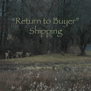 May include: A serene outdoor scene featuring several deer grazing in a grassy area near a forest. The image has text that reads "Return to Buyer" and "Shipping" in a decorative font, suggesting a theme related to order fulfillment or returns.