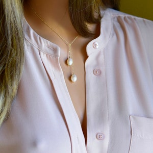 Elegant Pearl Lariat Necklace, Bridal Necklace, Bridesmaid Jewelry, Gold Y Lariat, Simple Pearl Lariat Necklace, Silver, Rose Gold