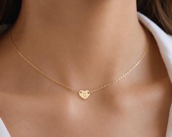 Dainty Personalized Heart Necklace, Hand Stamped Initial Disc, Mother Daughter Gift in Sterling Silver, 14k Gold Fill, Rose Gold