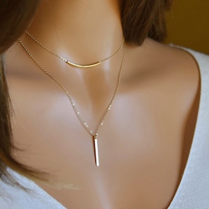 Dainty Necklace Set, 2 Necklaces, Tube Bar Necklace, Bar Necklace, Layered, Everyday, Jewelry Gift, Gold, Silver, Rose Gold