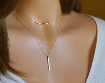 Dainty Necklace Set, 2 Necklaces, Tube Bar Necklace, Bar Necklace, Layered, Everyday, Jewelry Gift, Gold, Silver, Rose Gold