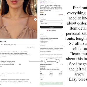 May include: A delicate silver necklace with a small cubic zirconia pendant. The necklace is layered and has a tiny link or pendant charm. The necklace is available in gold, silver, and rose gold. The necklace is 80 cm long. The image shows a model wearing the necklace. The text on the image reads "Elegant CZ Necklace - Dainty Cubic Zirconia Solitaire - Layering Necklace Tiny Link or Pendant CZ - Gold, Silver, Rose Gold, CM 80 $29.00+ Find out everything you need to know about ordering! Item details, personalization, fonts, length, etc. Scroll to and click on "learn more about this item". See image to the left with arrow! Easy breezy!"