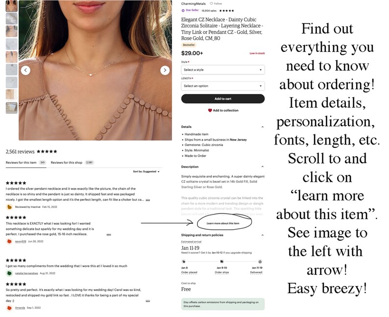 May include: A delicate silver necklace with a small cubic zirconia pendant. The necklace is layered and has a tiny link or pendant charm. The necklace is available in gold, silver, and rose gold. The necklace is 80 cm long. The image shows a model wearing the necklace. The text on the image reads "Elegant CZ Necklace - Dainty Cubic Zirconia Solitaire - Layering Necklace Tiny Link or Pendant CZ - Gold, Silver, Rose Gold, CM 80 $29.00+ Find out everything you need to know about ordering! Item details, personalization, fonts, length, etc. Scroll to and click on "learn more about this item". See image to the left with arrow! Easy breezy!"