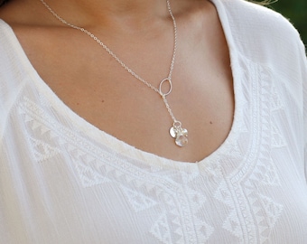Personalized and Customized Lariat Style Necklace, Initial Necklace, Birthstone Necklace, Silver Y Necklace, Mothers Necklace