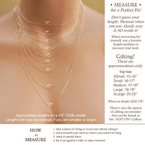 Puede incluir: Una gu&iacute;a para medir la longitud de los collares en pulgadas, con una modelo que lleva diferentes longitudes de cadenas de oro. La imagen incluye una tabla con medidas de 13 a 28 pulgadas, as&iacute; como instrucciones sobre c&oacute;mo medir el cuello para un ajuste perfecto.