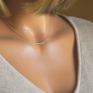 Conjunto de collar delicado, collar de barra de tubo delgado, collar de cadena, 2 collares, capas, minimalista todos los días, regalo para esposa, plata de ley