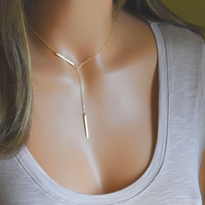 Elegant Lariat Necklace Gold Y Necklace, Silver Lariat, Unique Bar Design, Minimalist Sterling Silver & 14k Gold Fill, Chic Layered Pendant