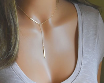 Elegant Lariat Necklace Gold Y Necklace, Silver Lariat, Unique Bar Design, Minimalist Sterling Silver & 14k Gold Fill, Chic Layered Pendant