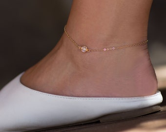 Dainty Gold Anklet, Crystal Anklet, Birthstone Jewelry, Beach Weddings, Bridal Anklet, Gift for Her