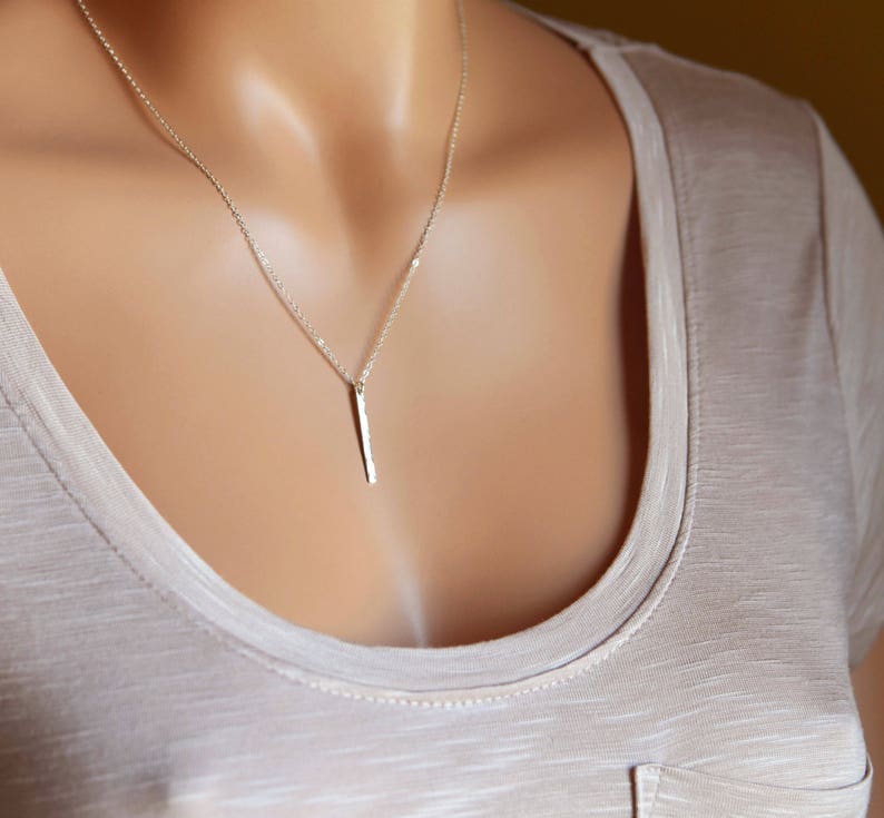 Sleek Vertical Bar Pendant Necklace, Dainty Skinny Bar, Minimalist Layering Necklace, Gold, Silver, Rose Gold image 2