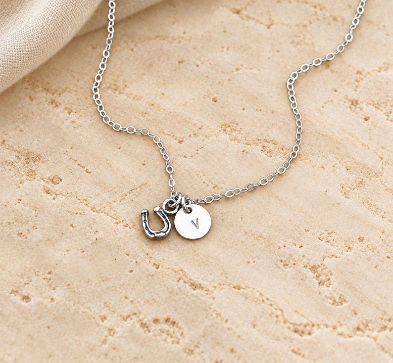 Puede incluir: Un collar de tono plateado con una cadena fina y dos peque&ntilde;os dijes: un dije de herradura con detalles oscuros en relieve y un dije circular grabado con la letra may&uacute;scula V en una tipograf&iacute;a sencilla.