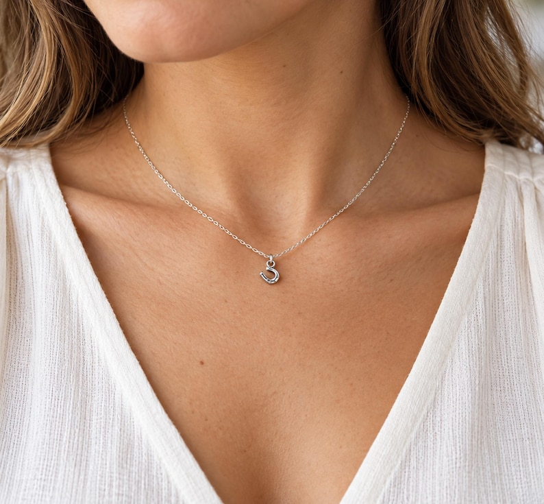 Puede incluir: Un delicado collar de plata con un peque&ntilde;o colgante de herradura pulida suspendido de una fina cadena de eslabones. El dije met&aacute;lico cuelga en el centro, sobre la zona de la clav&iacute;cula, mostrando un dise&ntilde;o sencillo y limpio.