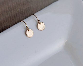 Dainty Disc Earrings, Tiny Round Hammered Drop Earrings, Everyday Minimalist Earrings, Silver, Gold, Rose Gold
