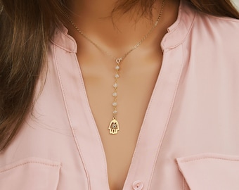 Hamsa Necklace, Rosary Style Bead Necklace, Chakra Necklace, Karma Jewelry, Y Necklace, Boho Chic, 14k Gold Fill & Vermeil