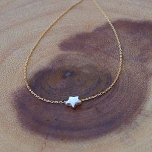 Puede incluir: Un delicado collar de cadena dorada con un colgante de estrella plateada.