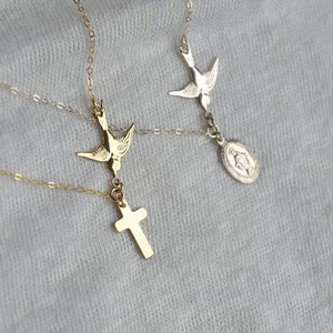 Cross Necklace, Blessed Mother, Confirmation Gift, Faith Necklace, Catholic Gift, Dove, Holy Spirit, Bird, Sterling Silver, 14K Gold Fill