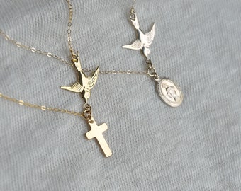 Cross Necklace, Blessed Mother, Confirmation Gift, Faith Necklace, Catholic Gift, Dove, Holy Spirit, Bird, Sterling Silver, 14K Gold Fill