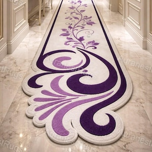 Hand Tufted Purple Floral Runner Rug, New Zealand Wool Hallway Carpet, Elegant Scroll Design